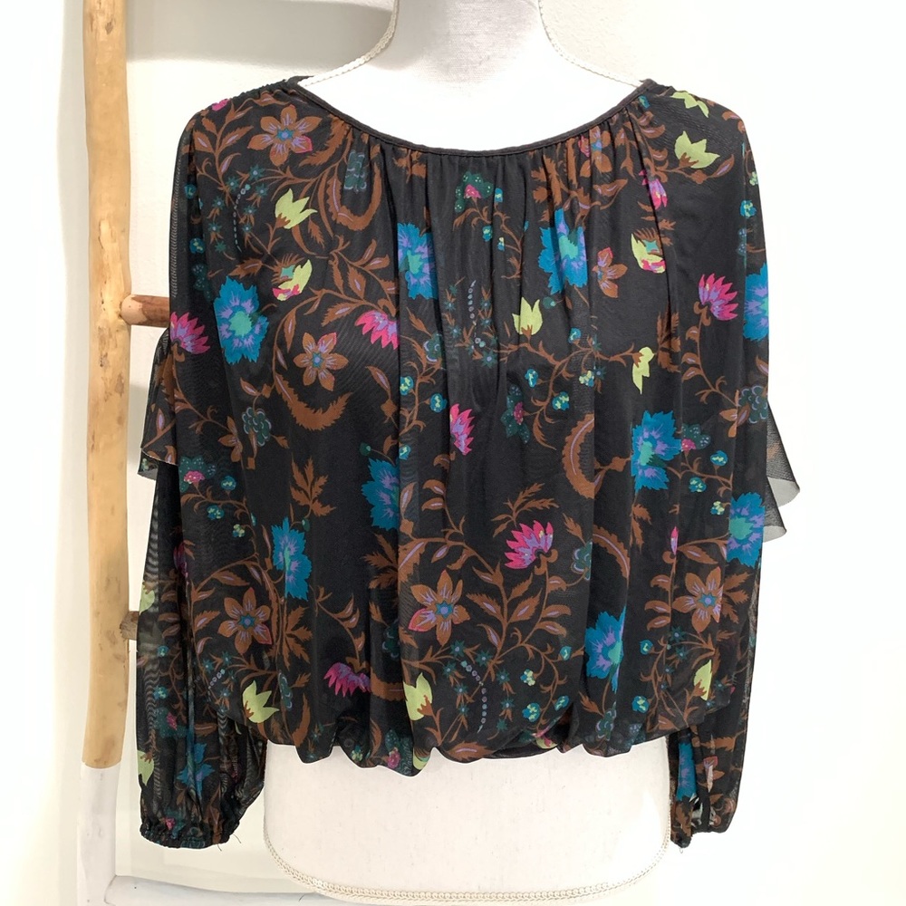 Free People Wild Honey Black Mesh Floral  Top